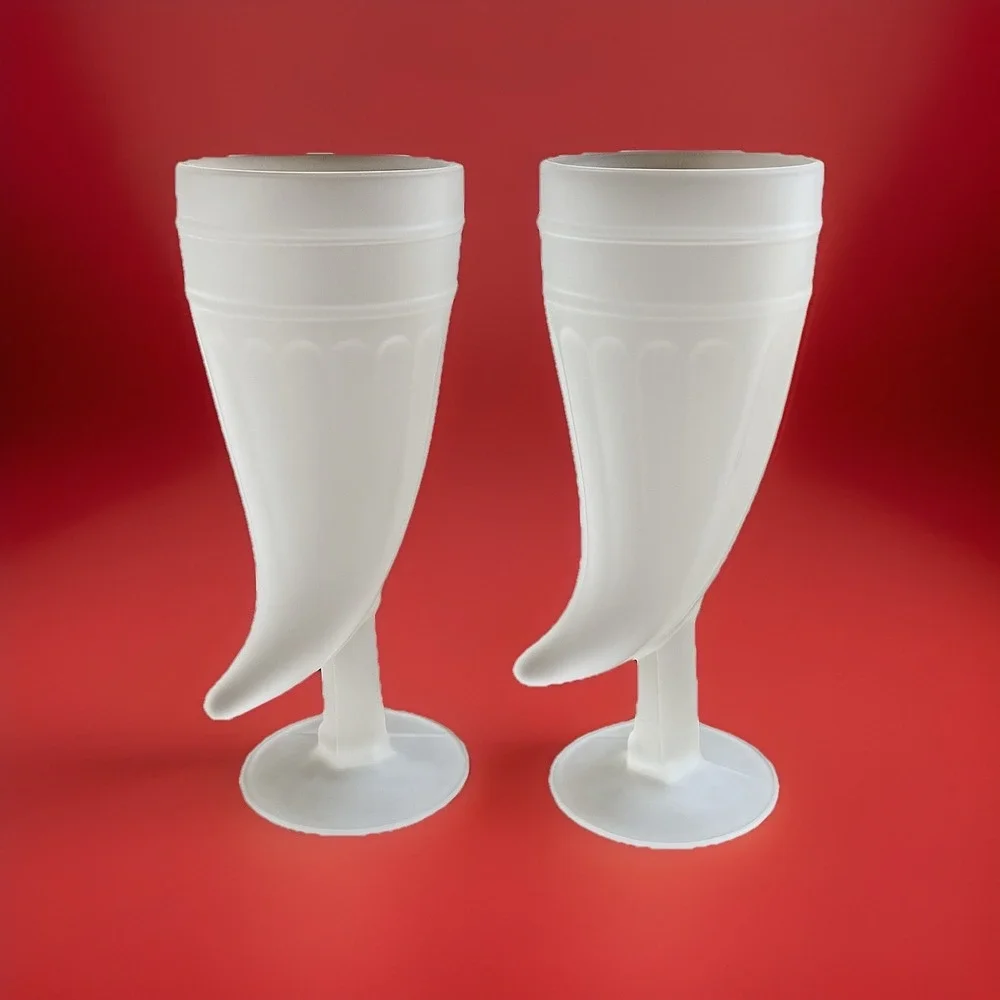 Set of 4 Frosted Glass Viking Horn Goblets Footed‎ Medieval Barware 8